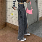 Gothic High Waist Jeans Women Chic Side Lace Up Wide Leg Denim Pants Female Harajuku Y2K Streetwear Straight