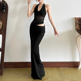 Spring And Summer New Women's Temperament Retro Fake Two Hanging Neck V-Neck Empty Net Yarn Dress