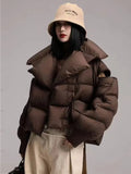 Niche Knit Splicing Large Lapel Down Jacket Female 2024 Winter Fashion High Luxury Large Magnetic Suction Button Thermal Coat-Outfit