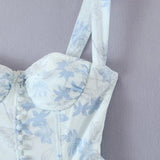Blue Floral Mini Ruched Slit Bustier Dress-Outfit