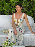 Women Chic Floral Print High Waist Button Skirt Set Sexy V Neck Hollow Out Back Lace Up Vest Suit New Elegant Lady Street