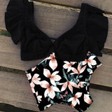 Ruffled Hem Bikini Set Women Flora V-Neck High-Waisted Two Piece Swimsuit 2021 Girl Beach Bathing Suit Swimwear