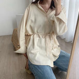 Fashion Asymmetry shirts White Cotton Linen tops blouses long sleeve khaki shirts drawstring waist oversized tops