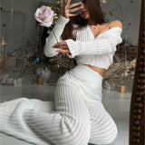 2025 New Knitted Set Of Women's Fluorosclumned Casual Solid Color Hollow High-Waisted Trousers Commuting