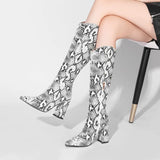 Fashion Knee High Boots Autumn Winter Women Pu Leather Square High Heel Western Boots Pointed Toe Zipper Woman Shoes