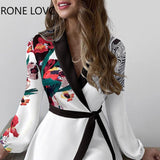 Women Floral Print Colorblock Tied Detail Work Dress Lace Up Dress Women