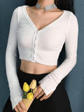 Ribbed Long Sleeve Button Crop Top- Outfit