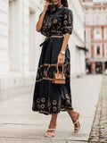 Pattern Printed Bohe Long Dress Elegant Lace-up O Neck Maxi Dresses Elegant Women Short Sleeve Summer Buttoned