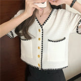 Women V-neck Knitwear Crop Tunic Short Sleeve Summer Korean Style Panelled New Arrival Open Front All-match Leisure