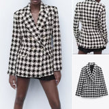 New Women's Suit Collar Thousand Bird Case Double Breasted Long Sleeve Suit