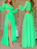 Color Long Sleeve Skirt 2023 Women's Fashion Green Elegant High Slit Hollow Female Dress Hollow Out