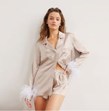 Blue long-sleeved shirt top + shorts two-piece suit casual pajamas women's home service fashion women's feather