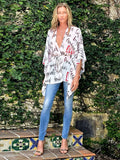 Pink Boho Print V-neck 3/4 Sleeve Blouse Plus Size Tops Tunics Women Summer Clothing Beach Wear Swim Suit Cover Up