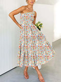 Summer Green Long Dress Women Elegant One Shoulder Dress Ladies Floral Print Maxi Party Pleated Dress For