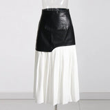 Korean Version Style 2025 Summer New Mid-Waist Pu Leather Stitching Pleated Contrast Color Women's Zipper Door Skirt Skirt