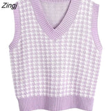 Loose sleeveless vest sweater 2021 autumn winter women's houndstooth knitted vest V-neck sleeveless pullover sweater