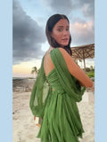 Green Pleated Mini Dress For Women Summer Sexy V-neck Split Long Sleeve A-line Dresses 2024 Casual Lady Beach