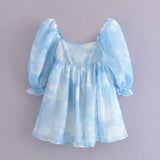 Summer Women Blooming Sky Color Organza Princess Dress Female Sexy Square Neck Puff Sleeve Mini Party Dress Short