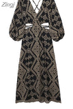 Cut Out Black Long Dress Women Embroidery Backless Dress Woman Puff Sleeve Vintage Gothic Dress 2023 Midi Summer
