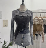 Vintage Dye Mesh Spliced Denim Shoulder Long-Sleeved T-Shirt T-Shirt T-Shirt Dress
