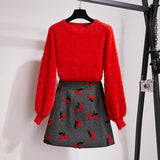 Women Two Piece Set New Fashion Fall Winter Yellow Mohair Lanter Sleeve Pullover And Woolen Embroidery Mini Skirt