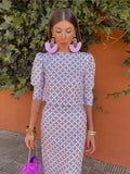 Women Fashion Printed Split Skirt Suits Chic O Neck Cropped Tops High Waist Slim Midi Skirt Spring New Lady Street Office