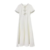 Dress Spring And Autumn Premium Sense 2025 New Diamond Round-Neck Collage Bow Fashion Design Feeling Waist Long