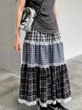 Patchwork Lace Plaid Maxi Skirt- Outfit