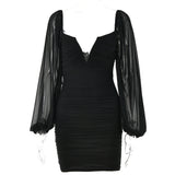 V-Neck Puff Sleeve Ruched Dress Women Party Double Layer Long Sleeve Sexy Mini Dresses Elegant Femme Clubwear