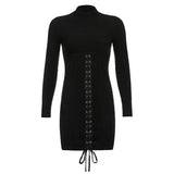 Tie Up Bandage Black Bodycon Dress Autumn Basic Long Sleeve Knitted Mini Dresses Ladies Skinny Casual Winter