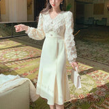 Long White Dress Women French Vintage V-neck Lace Slim Y2K Dress Spring Korean One Piece Casual Evening Party Dress