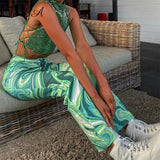 2021 Tie Dye Print Pants Women Green Wide Leg Summer Spring Casual Vintage High Waist Zipper Fashion Trousers