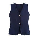 Women's Clothing 2025 Summer Solid Color Repair Gold Button Knitted Vest
