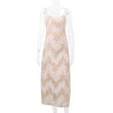 Beige Black Tie Up Lace Mesh Maxi Dress-Outfit