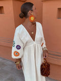 Flower Print Women's Lantern Sleeve Long Dress Sexy V Neck Backless Lace Up Loose Vestido 2024 Chic Lady Vacation