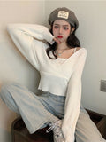 Two Sweater Women 2023 Spring Autumn New V-Neck Full Sexy Knitted Sweaters Korean Short Chic Wild Fashion