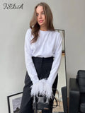 2022 Black Long Sleeve Feather T Shirts Women O Neck Basic Casual Autumn Summer White Y2K Blue Sexy Top Shirt