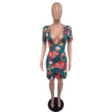 Green Criss Cross Back Frill Hem Shift Dress Streetwear Sheath Flora Print Short Sleeve Above Knee Mini Summer Party