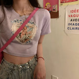 Printed Female Korean High Waist Short Sleeve T-shirt Ins Tight Exposed Navel Student Tops Women's Clothing Plus Size