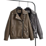 Autumn Dress Wash PU Leather Lapel Loose Large Version Leather Coat Female