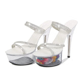 Zingj 34-43 Sexy High Heels 13CM15CM Thin Heel Waterproof Platform Sandals Transparent Crystal Shoes Wedding