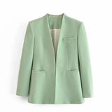Solid Casual Women Suit Blazer Jacket Office Lady Double Pocket Cardigan Simple Coat Elegant Chic Streetwear