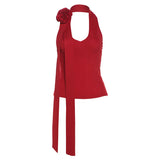 2024 Summer New Women's Solid Color Hanging Neck Three-Dimensional Flower Vest High-Waist Loose Straight