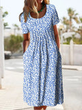 Women Loose Pleated Long Dress Elegant Female Party Pocket Office Dress Streetwear 2022 Summer Printed Pullover