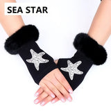 FUNKY 2021 New Fashion Winter Gloves Faux Fur Collar Skulls Heart Stars Knitted Gloves Without Fingers For Women