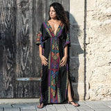 Summer Women Tunic Beach Wear Sexy Plunging Neck V Back Side Split Black Indie Folk Embroidery Kaftan Dress Vestidos