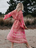 Tropical Printed Reddish Orange Ankle Length Beach Wear Kimono Dress Fashion Women Swimwear Chiffon Tunic pareos