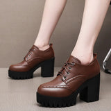 Brown Bullock Women's Shoes With English Carved Small Leather Shoes Thick Heel High Heel Waterproof Table Round Head Deep Mouth Single