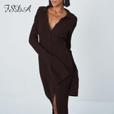 Autumn Winter Bodycon Dress Sweater Knitted Green 2021 Women Sexy Midi Split V Neck Long Sleeve Casual Dresses