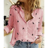 Elegant Oversized Tops Casual Long Sleeve Birds Print Cotton and Linen Loose Blouse Office Lady Button Lapel